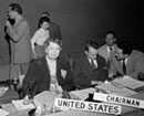 4 June 1948 Meeting of the Third session of the Human Rights Commission,  United Nations, Geneva: Mrs. Eleanor Roosevelt (left), Chairman of the Commission, sitting next to Mr. J.P. Humphrey, Director of the Human Rights Division.